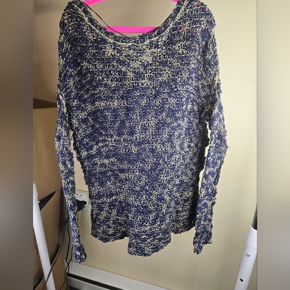 Free People Womens Vneck Hi-lo Knit Sweat Blue/Cream Size XL - Picture 7 of 9